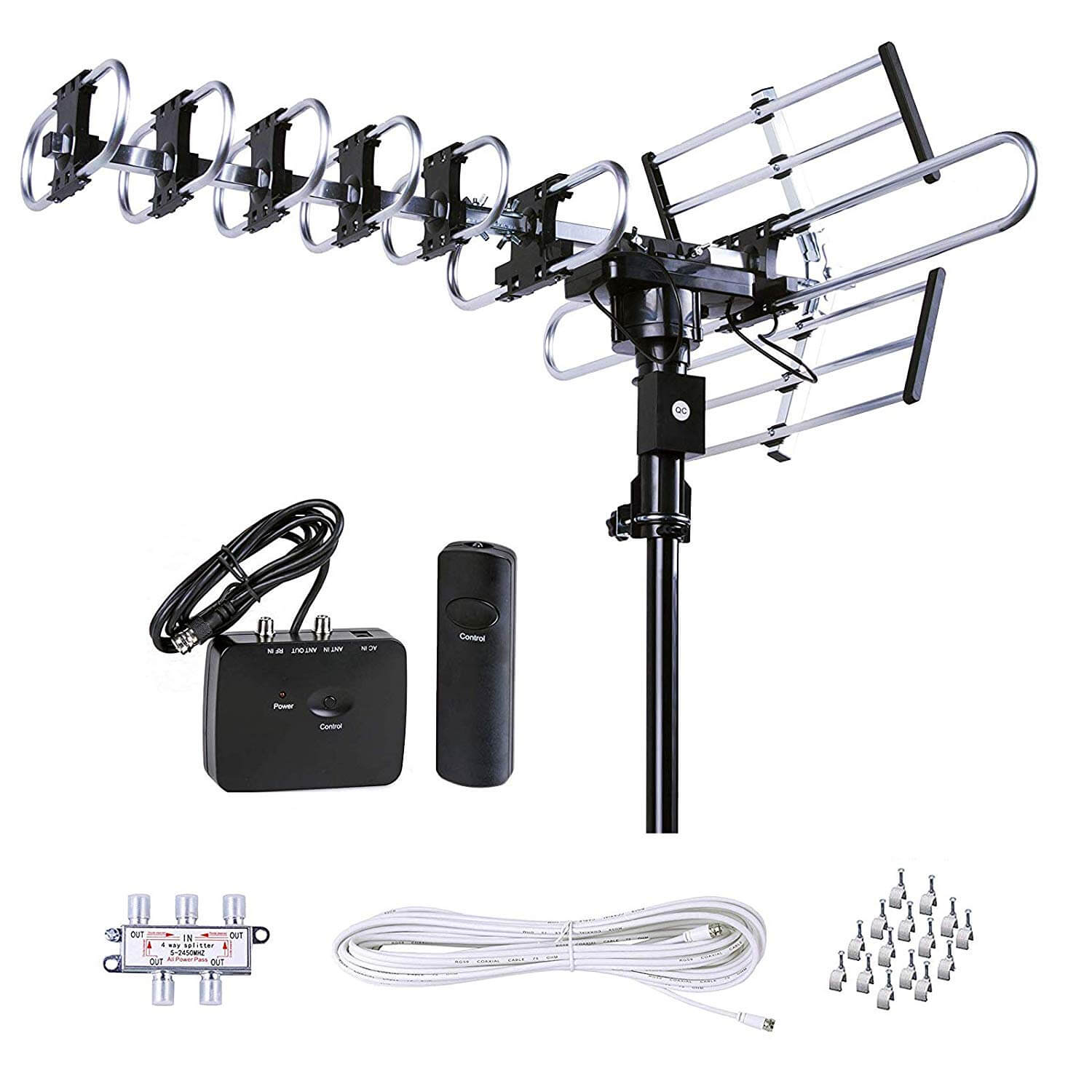 TV Antenna 40ft Coax Cable Mesqool Amplified Outdoor Digital HDTV Antenna 150 Mile Range Motorized 360 Degree Rotation Wireless Remote Control for 2 TVs Support UHF/VHF 4K 1080P Channels Reception 