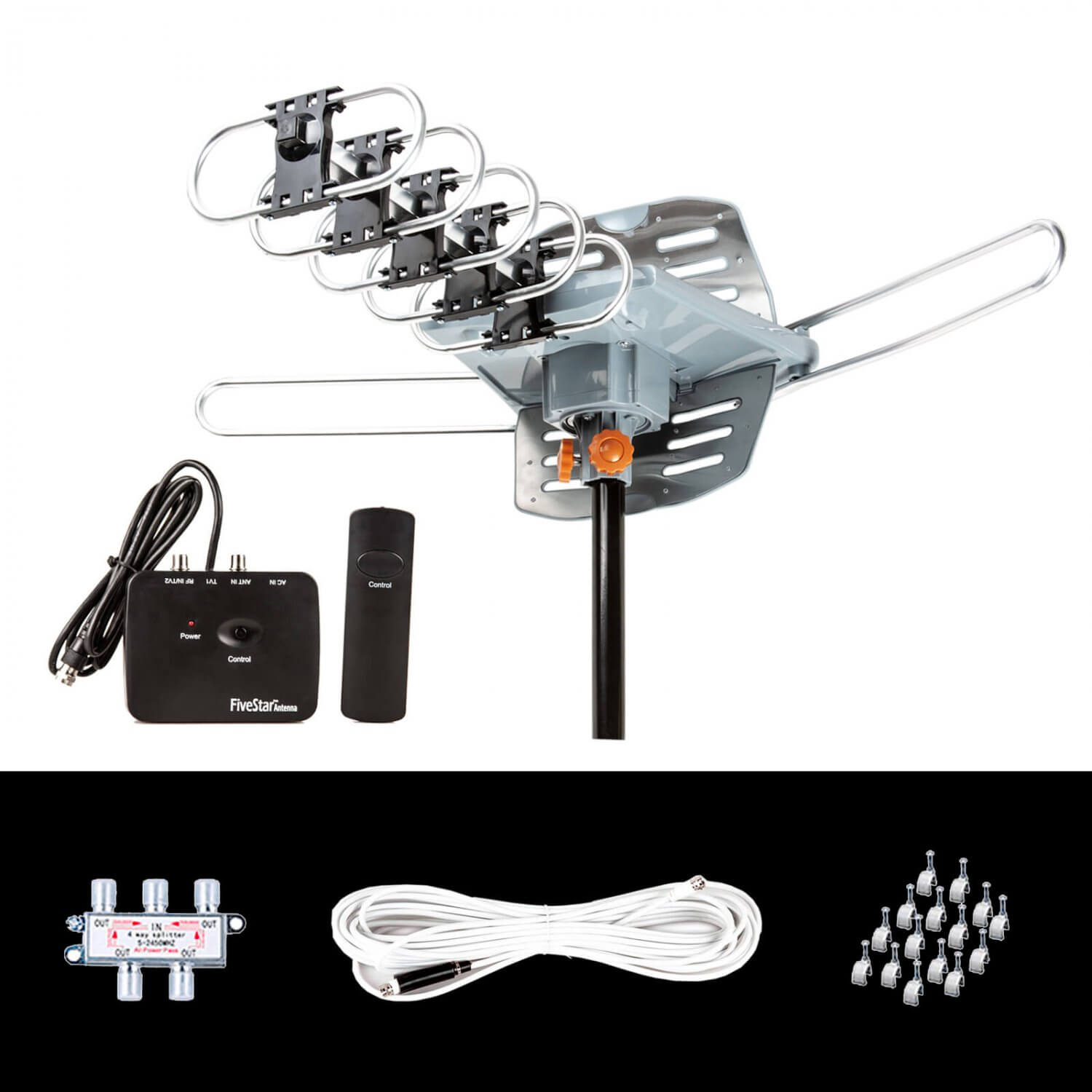 Five Star Outdoor 150 Mile Motorized 360 Degree Rotation OTA Amplified HDTV Antenna for 2 TVs Support - UHF/VHF/1080P Channels Wireless Remote Control - 40FT Coax Cable