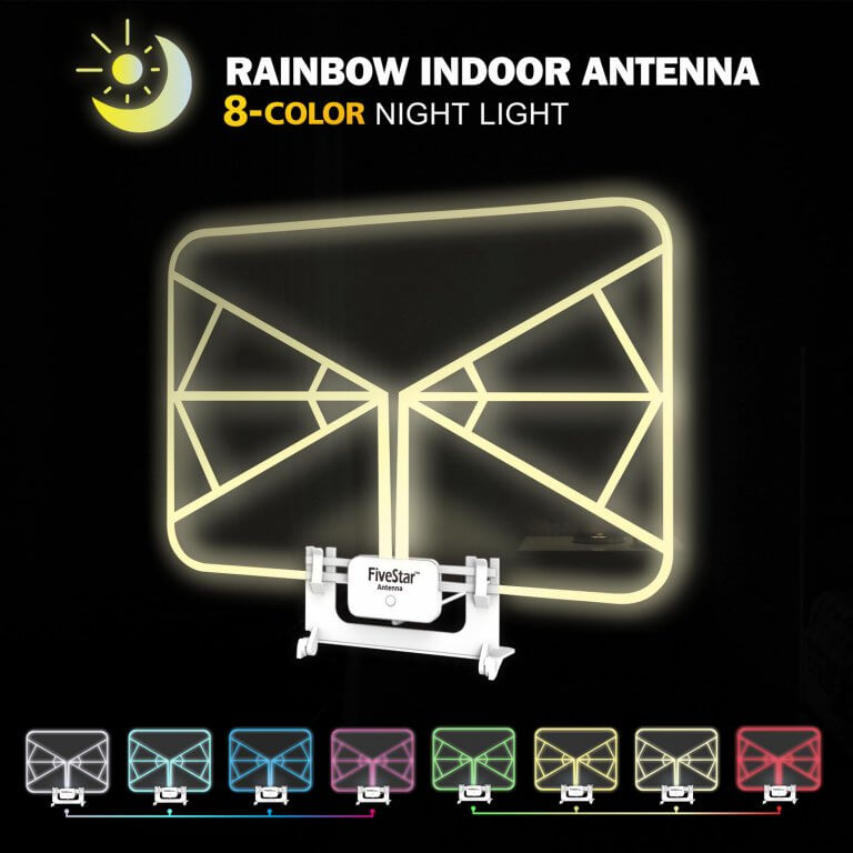 Five Star FSA-5810 Indoor 100 Mile Amplified HD Digital TV Antenna Rainbow 8-Color Night Light - Image 5